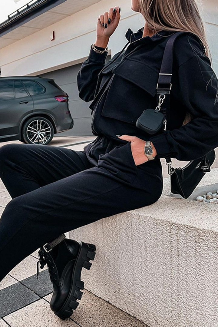 Nonchalant Tweedelig Outfit met Ritskraag en Lange Mouwen