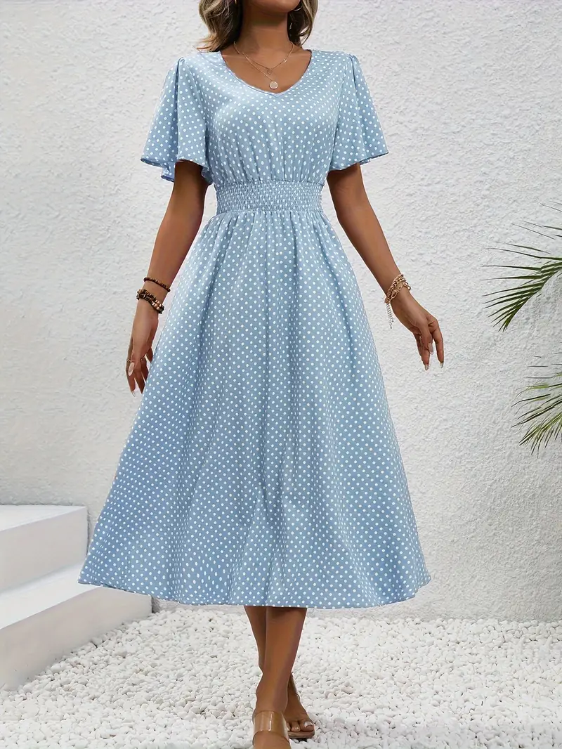 Carolina - Allover Print Shirred Waist Dress, Casual Jurk met Korte Mouwen