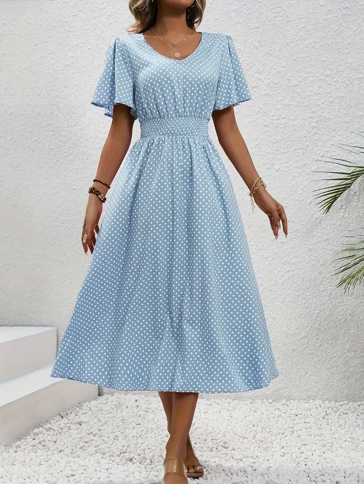 Carolina - Allover Print Shirred Waist Dress, Casual Jurk met Korte Mouwen