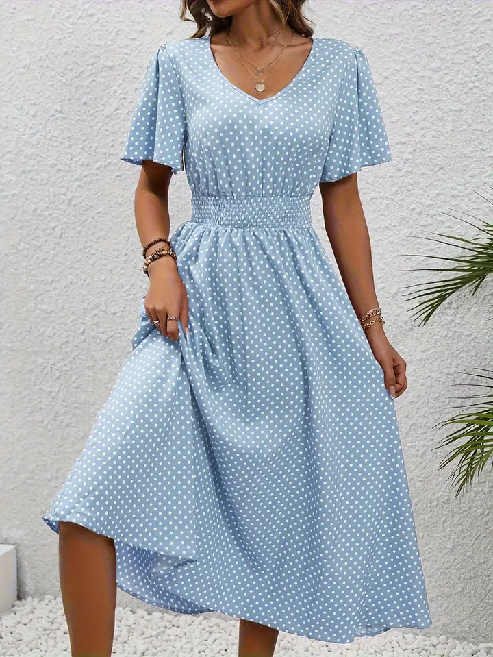 Carolina - Allover Print Shirred Waist Dress, Casual Jurk met Korte Mouwen