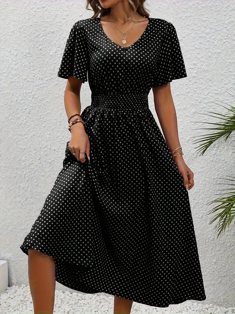 Carolina - Allover Print Shirred Waist Dress, Casual Jurk met Korte Mouwen