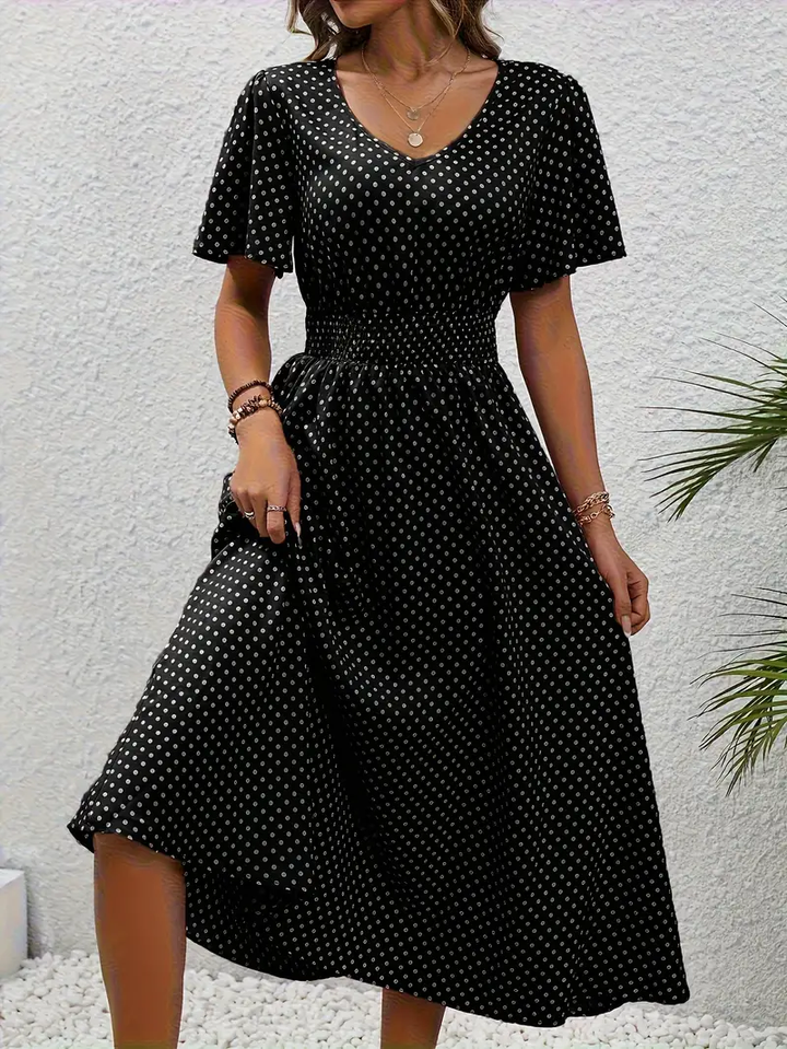 Carolina - Allover Print Shirred Waist Dress, Casual Jurk met Korte Mouwen