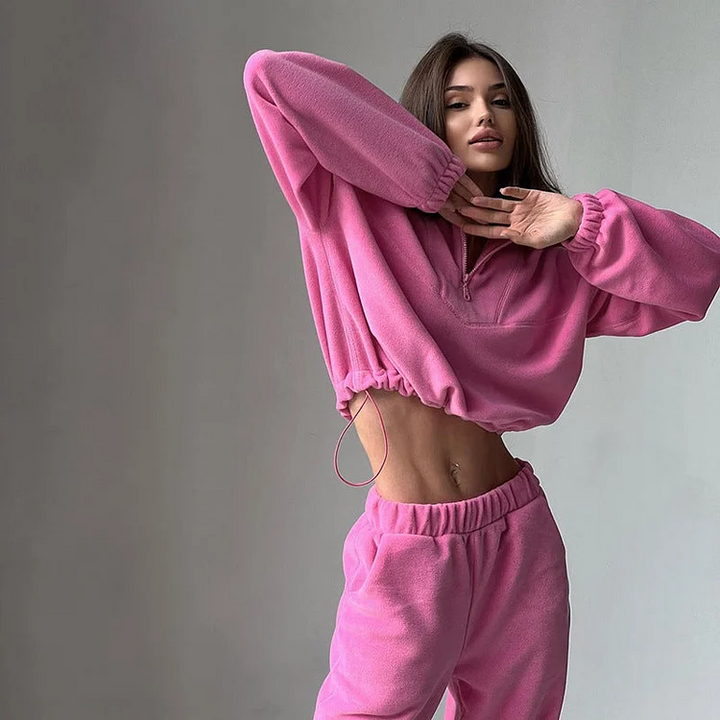 Dames Pullover met Ritskraag en Verstelbare Taille, Lange Mouwen in Effen Kleur