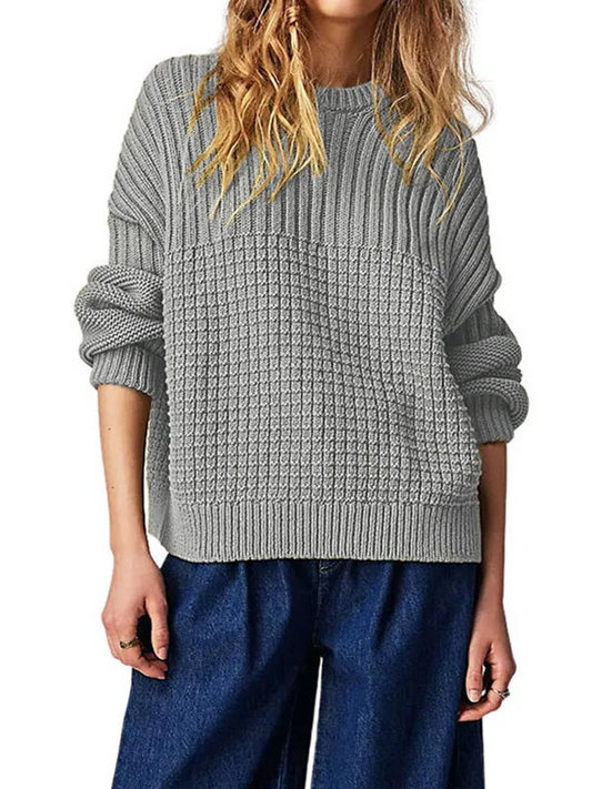 Lange Mouwen Pullover met Ronde Hals - Effen Kleur en Losse Pasvorm