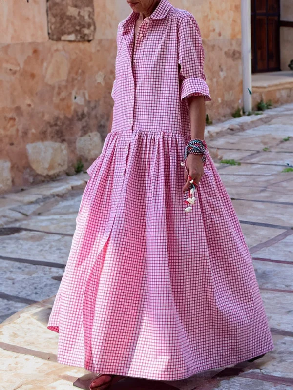 Maria - Casual Lange Mouwen Katoen Linnen Plaid Shirt Swing Dress