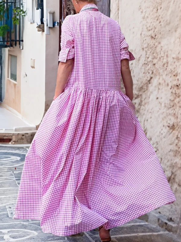 Maria - Casual Lange Mouwen Katoen Linnen Plaid Shirt Swing Dress