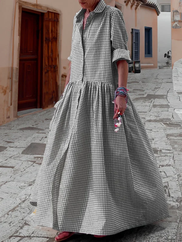 Maria - Casual Lange Mouwen Katoen Linnen Plaid Shirt Swing Dress