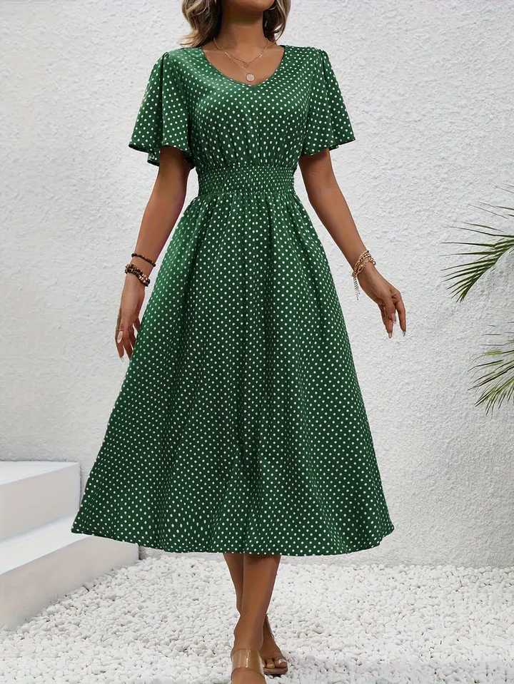Carolina - Allover Print Shirred Waist Dress, Casual Jurk met Korte Mouwen