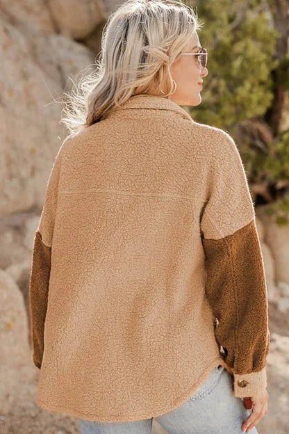 Camel Sherpa Colorblock Jas met Flapzakken - Warm en Stijlvol