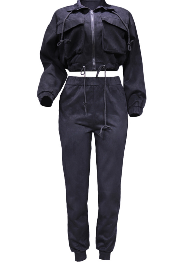 Nonchalant Tweedelig Outfit met Ritskraag en Lange Mouwen