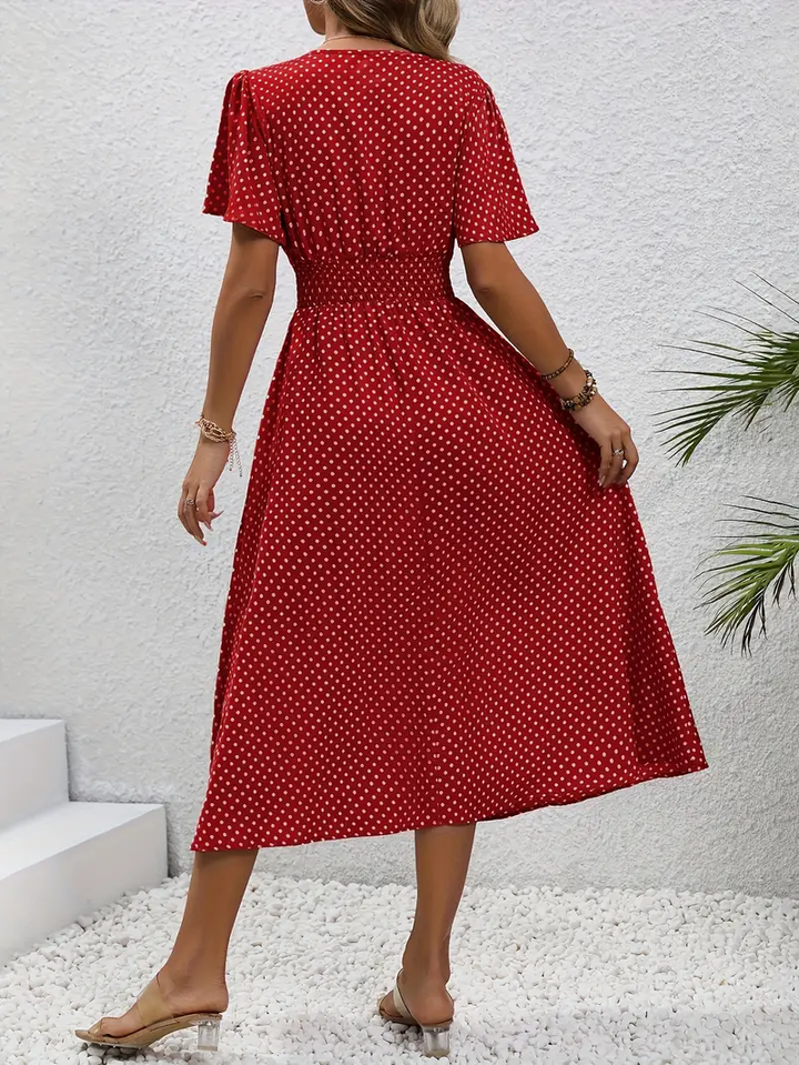 Carolina - Allover Print Shirred Waist Dress, Casual Jurk met Korte Mouwen