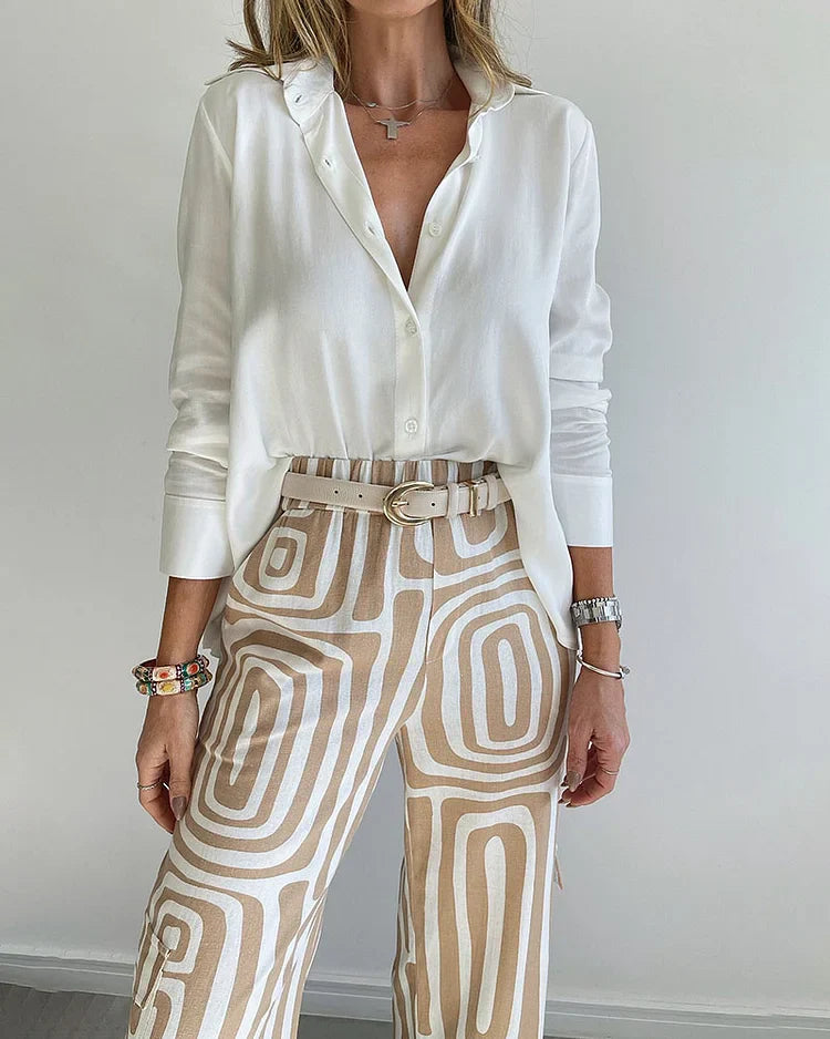 Andrea - Tweedelige set met reversoverhemd met lange mouwen en print, zonder riem