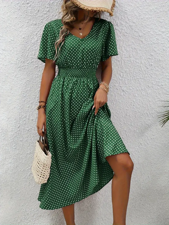 Carolina - Allover Print Shirred Waist Dress, Casual Jurk met Korte Mouwen