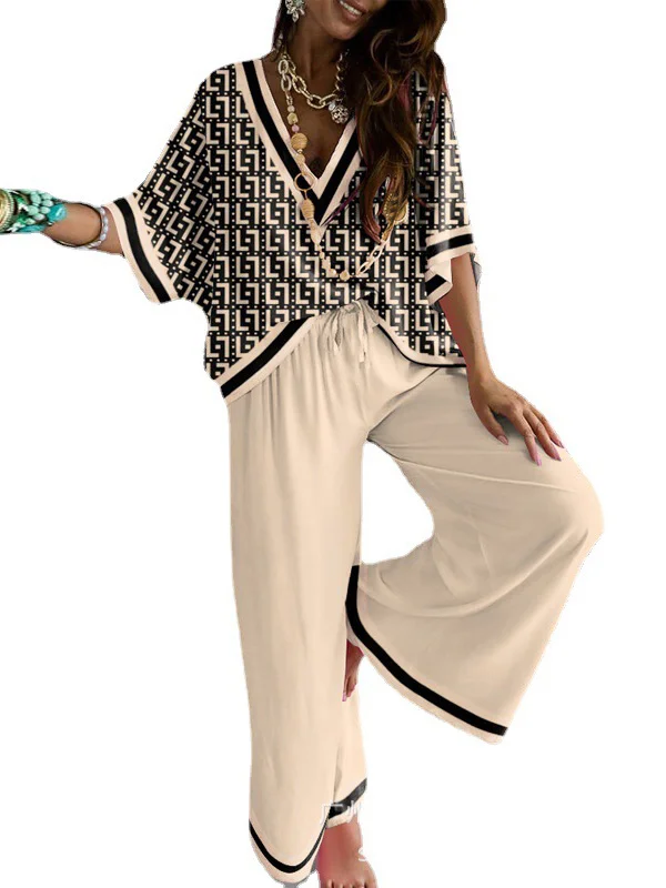 Yael - Urban Losse T-shirts met V-hals, Bedrukte Tops en Broek met Wijde Pijpen met Trekkoord Kleding