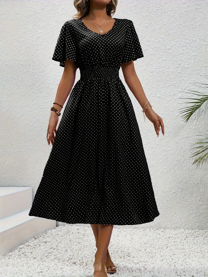 Carolina - Allover Print Shirred Waist Dress, Casual Jurk met Korte Mouwen