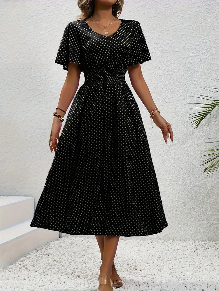 Carolina - Allover Print Shirred Waist Dress, Casual Jurk met Korte Mouwen