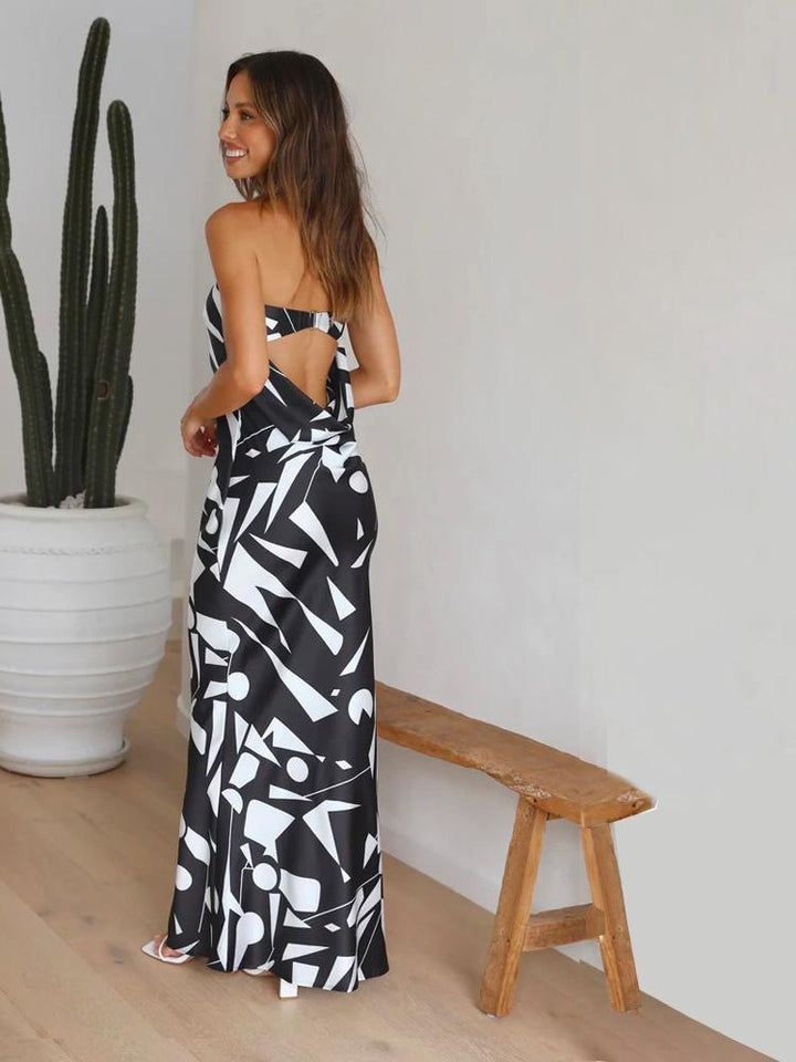 Lange Strapless Jurk met Print en Open Rug