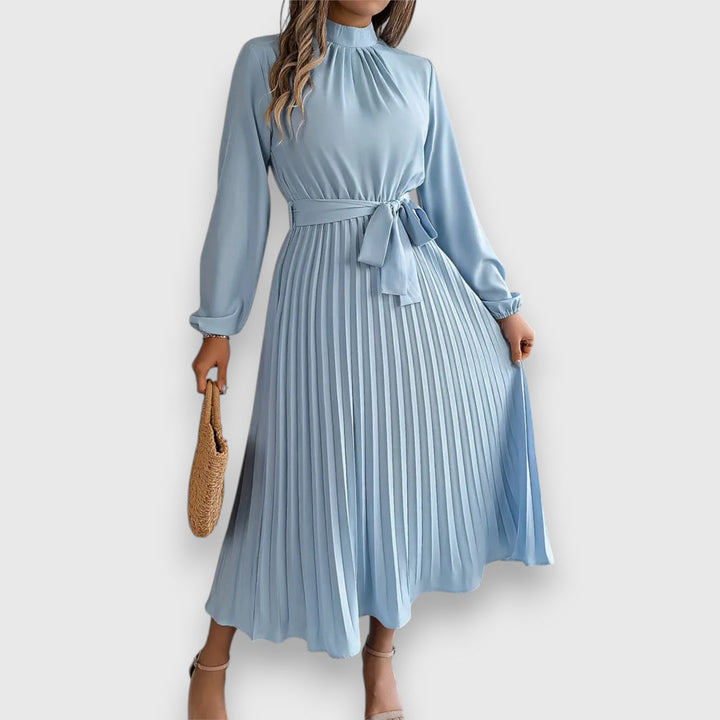 Nonchalant midi jurk met geplooide rok ceintuur en lange mouwen