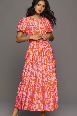 Mia - Maxi-swingjurk met gesmokte taille en abstracte print met V-hals