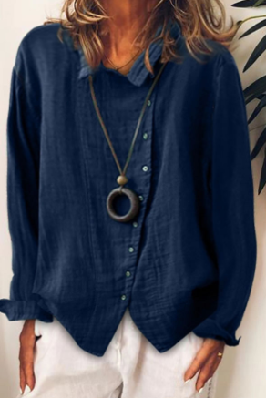 Linda - Casual V-hals shirt met revers, lange mouwen en onregelmatige zoom