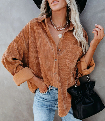 Koffie Textuur Corduroy Puff Sleeve Shirt voor een Gemakkelijke Look