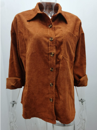 Koffie Textuur Corduroy Puff Sleeve Shirt voor een Gemakkelijke Look