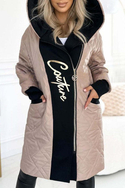 Dames Lang Hooded Jas met Rits en Letterafdruk - Winterjas met Capuchon en Zipper