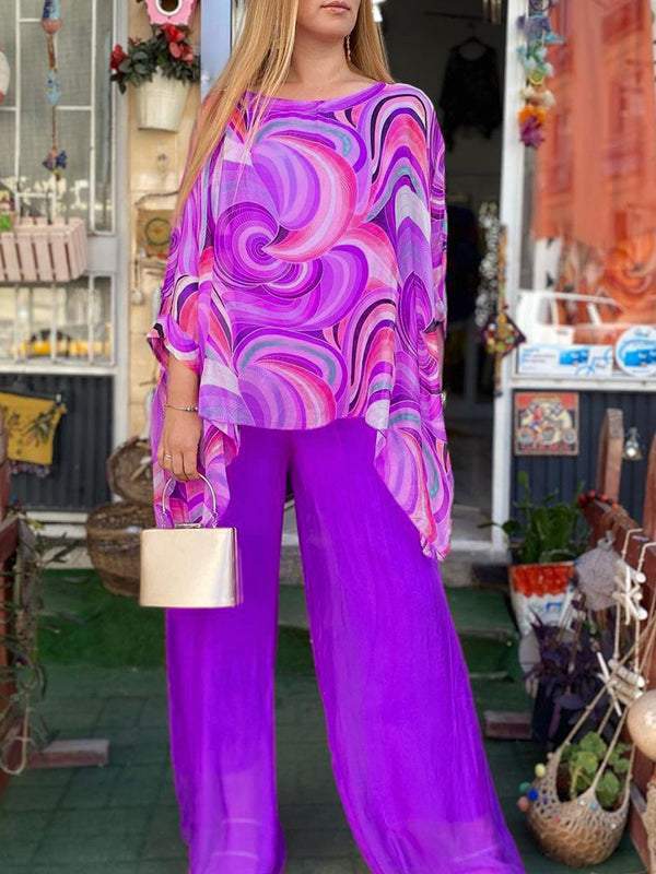 Guadalupe - Kleurrijk tweedelig chiffon damespak met casual print en ronde hals, zomer