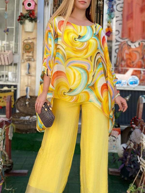Sara - Kleurrijk zomers chiffon-tweedelig stuk met print en ontspannen ronde halslijn