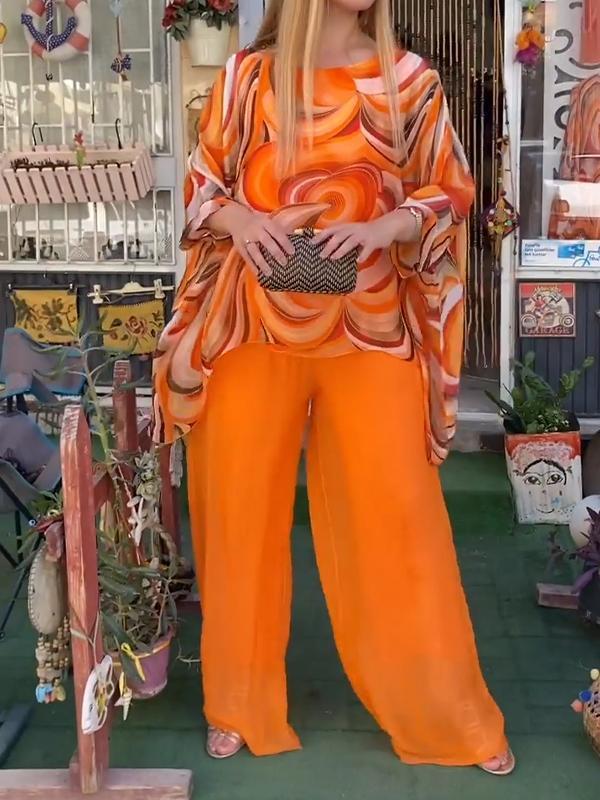 Guadalupe - Kleurrijk tweedelig chiffon damespak met casual print en ronde hals, zomer