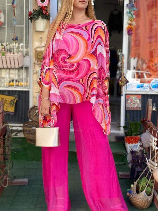 Sara - Kleurrijk zomers chiffon-tweedelig stuk met print en ontspannen ronde halslijn