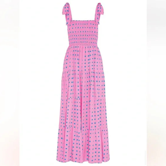 Maxi-jurk met ruches in roze geometrische print en zoom met ruches