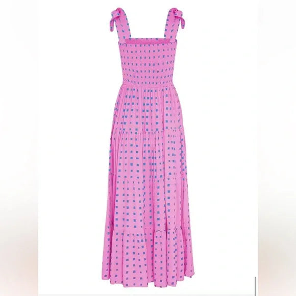 Maxi-jurk met ruches in roze geometrische print en zoom met ruches