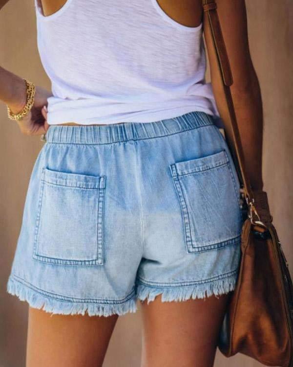 Pamela - Effen Denim Shorts met Trekkoord