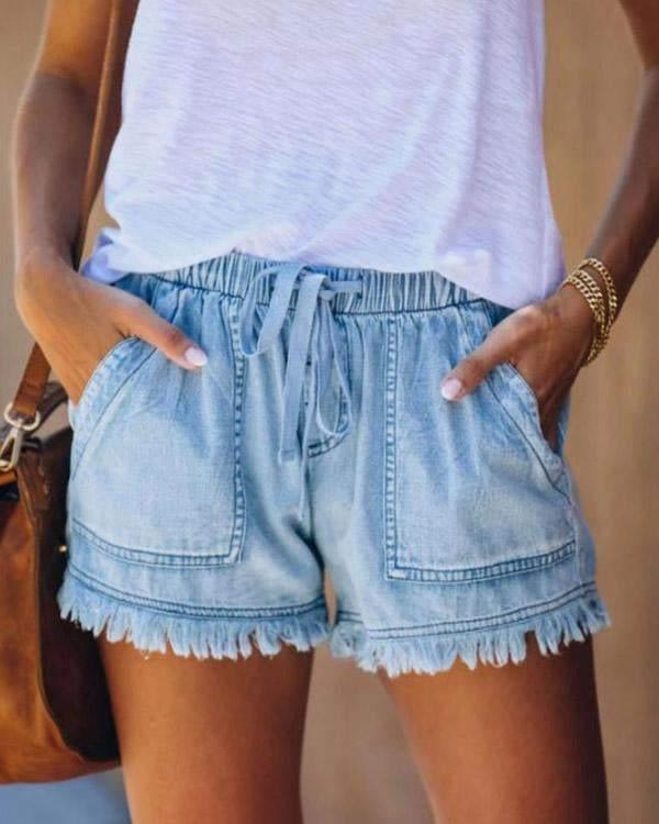 Pamela - Effen Denim Shorts met Trekkoord