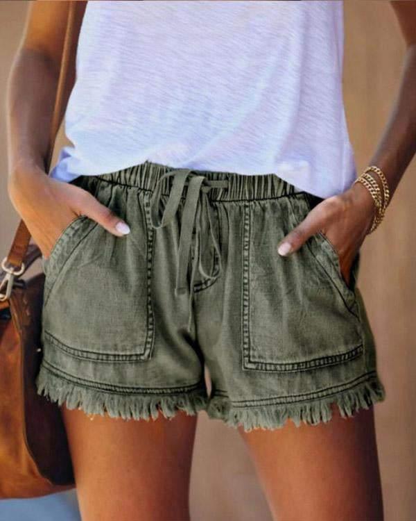 Pamela - Effen Denim Shorts met Trekkoord