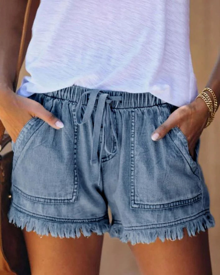 Pamela - Effen Denim Shorts met Trekkoord