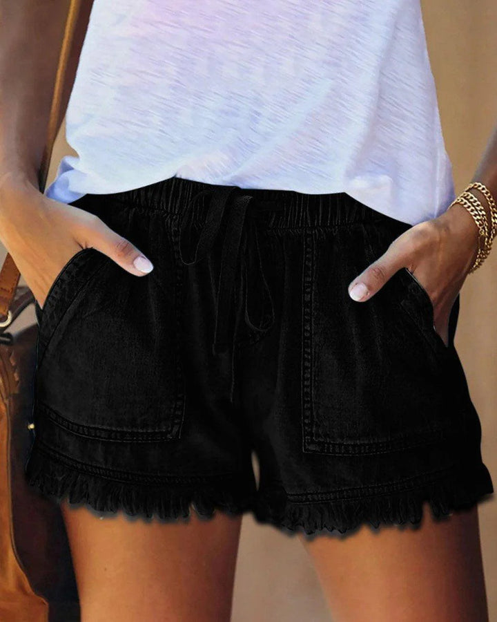 Pamela - Effen Denim Shorts met Trekkoord