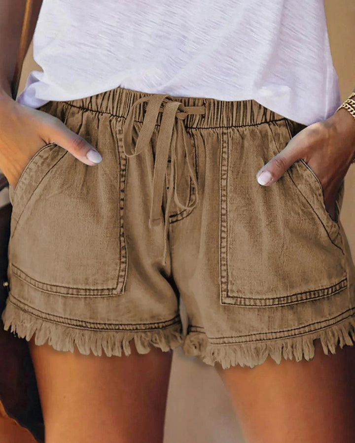 Pamela - Effen Denim Shorts met Trekkoord