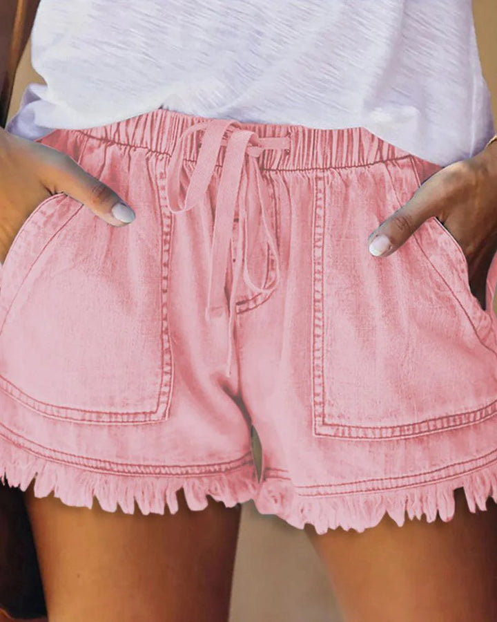 Pamela - Effen Denim Shorts met Trekkoord