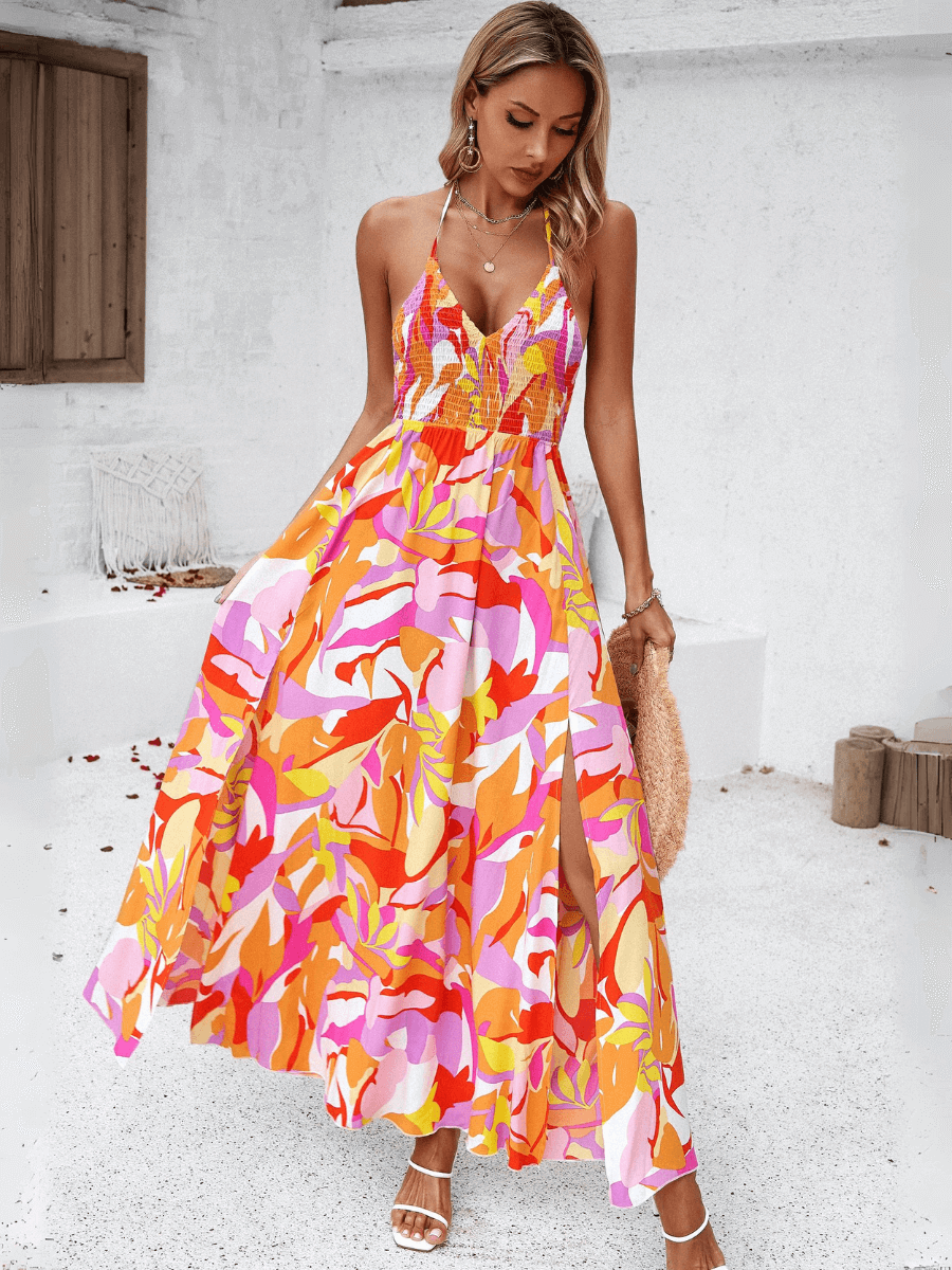 Hawaii Bloemenprint Halter Maxi Jurk - Oranje