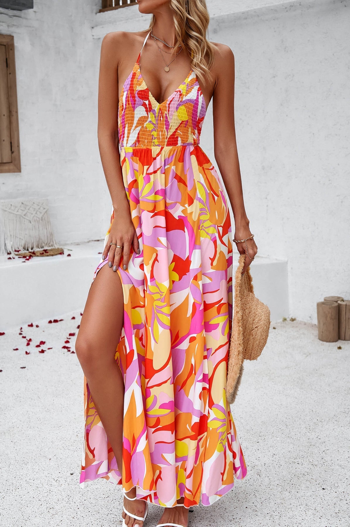 Hawaii Bloemenprint Halter Maxi Jurk - Oranje