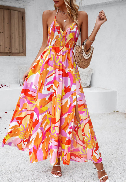 Hawaii Bloemenprint Halter Maxi Jurk - Oranje