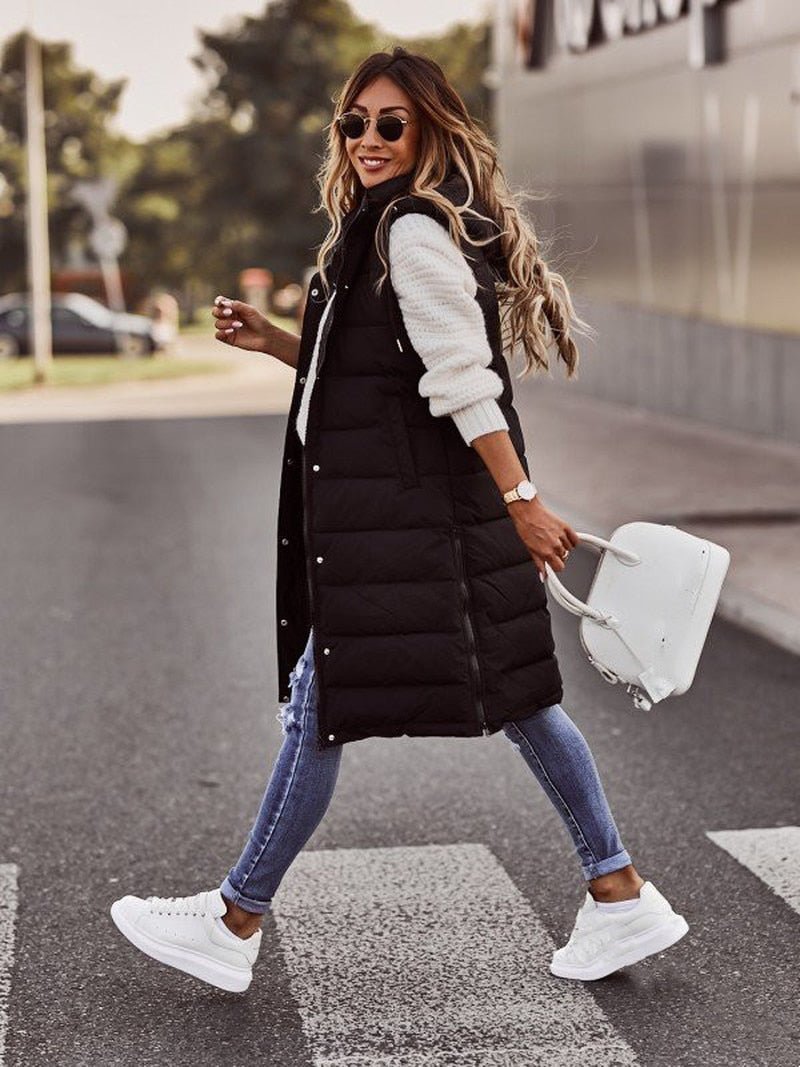Lange en warme damesgilet met trendy uitstraling
