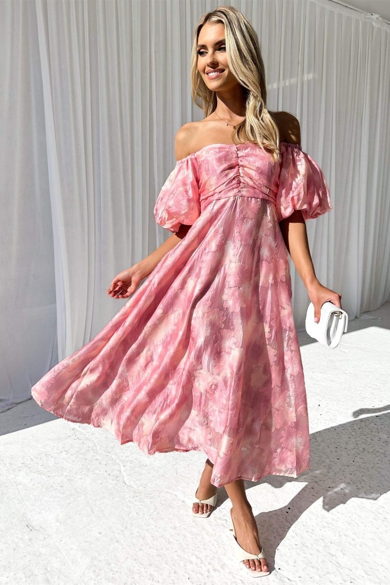 Schouderloze midi jurk met elegante uitstraling