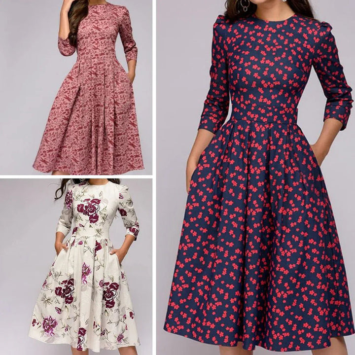 Stijlvolle midi-jurk met wijde rok en bloemenpatroon voor een elegante uitstraling