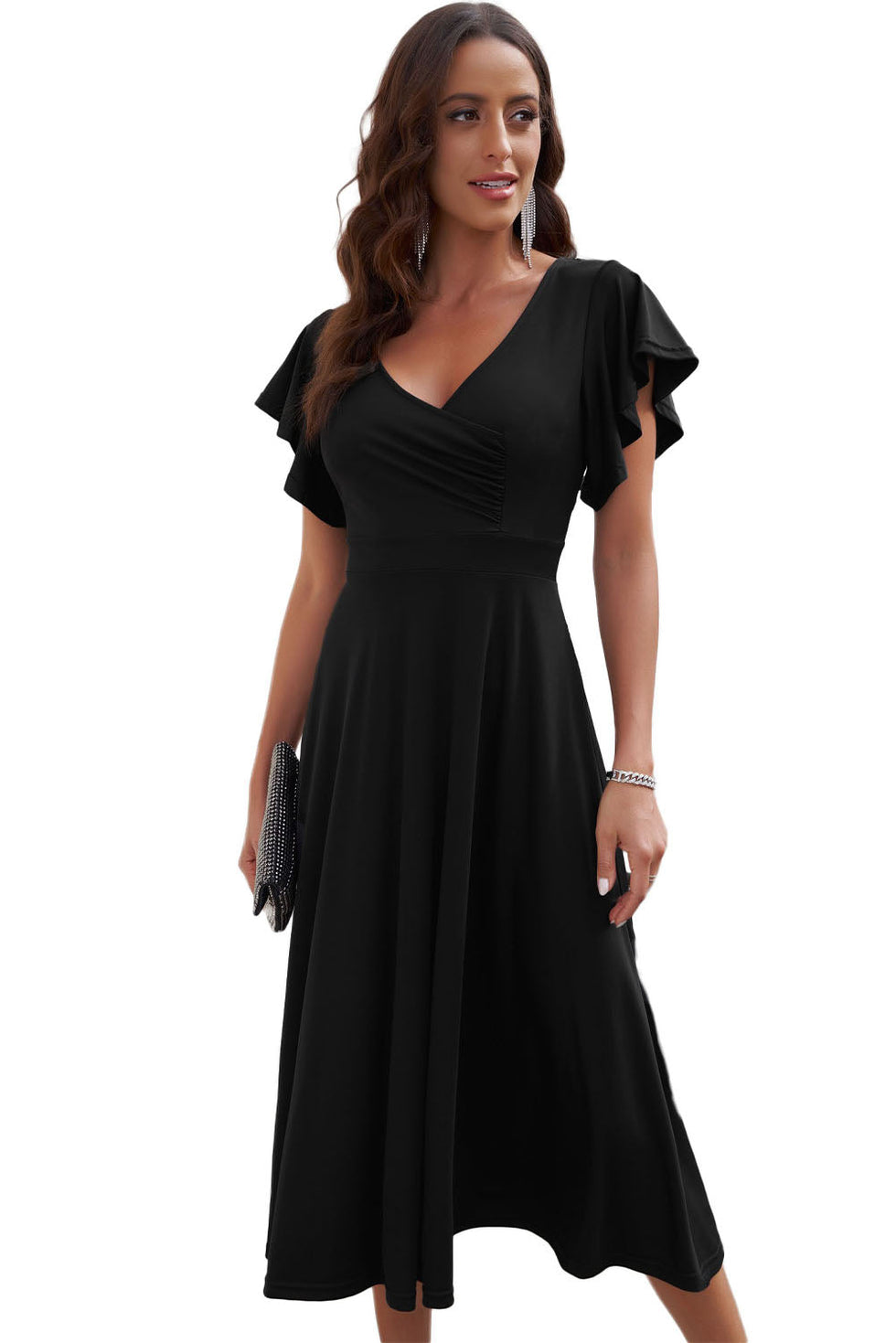 Elegante midi jurk met overslag V-hals en speelse ruches aan de mouwen ideaal voor feestelijke gelegenheden