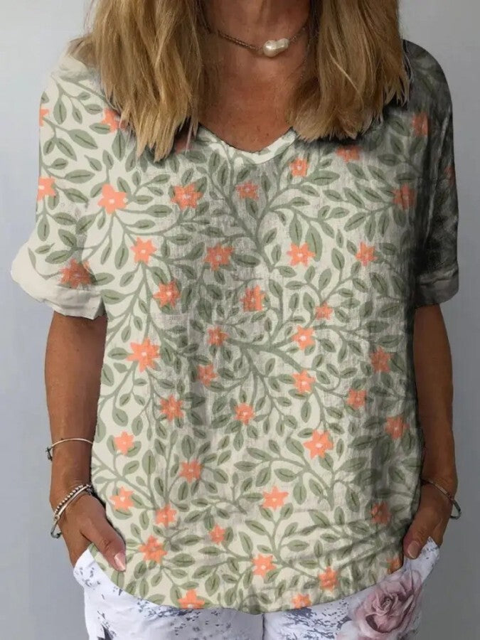 Aida - Casual katoenen en linnen damesoverhemd met mooi bloemendessin en artistieke print