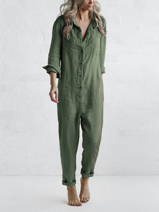 Langere, Langere Jumpsuit Met Knopfleiste en Reverstasche