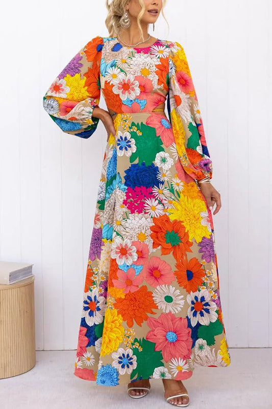 Bloom Forever Maxi-Jurk met Bloemenprint, Halslijn en Elastische Taille